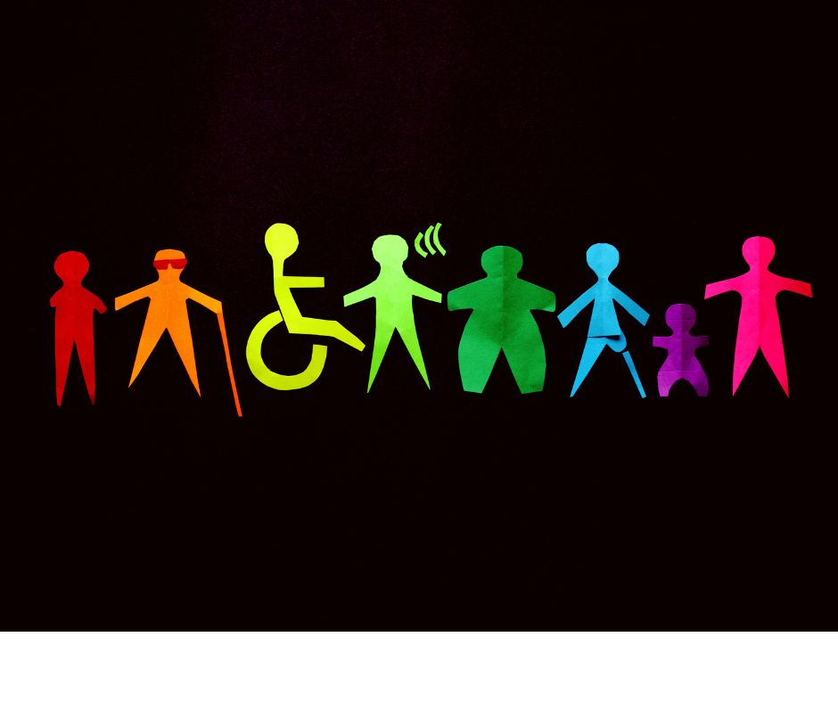 An image of drawn figures that showcase differently abled people in rainbow colors to present the importance of diversity and inclusivity.